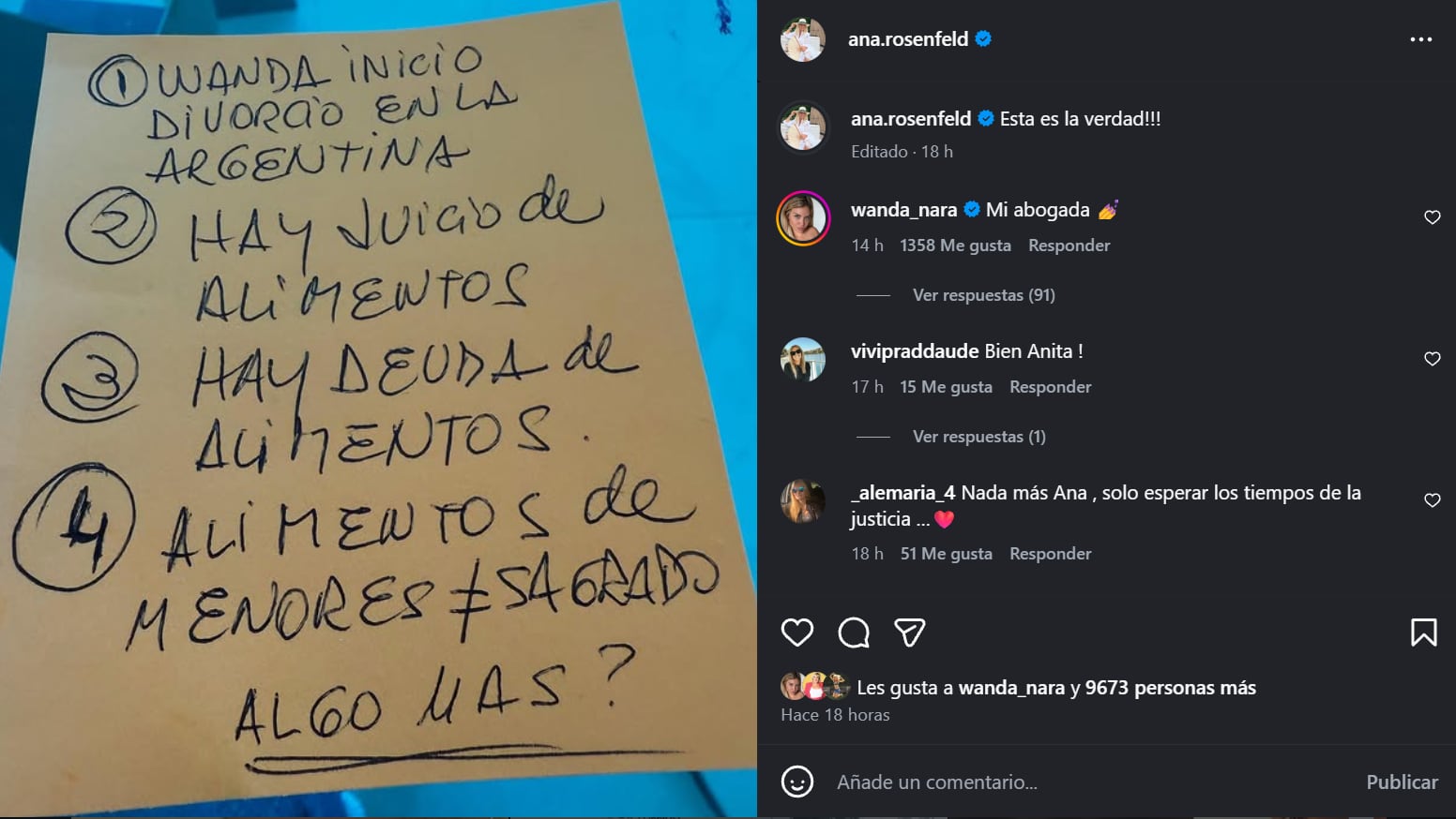 La abogada Ana Rosenfeld publica una lista manuscrita con puntos clave sobre el divorcio de Wanda Nara, destacando el inicio en Argentina y deudas de alimentos, con Wanda Nara respondiendo