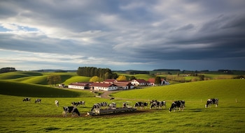 Vista panorámica de una granja lechera con vacas blancas y negras pastando en campos verdes ondulados bajo un cielo nublado y dramático.