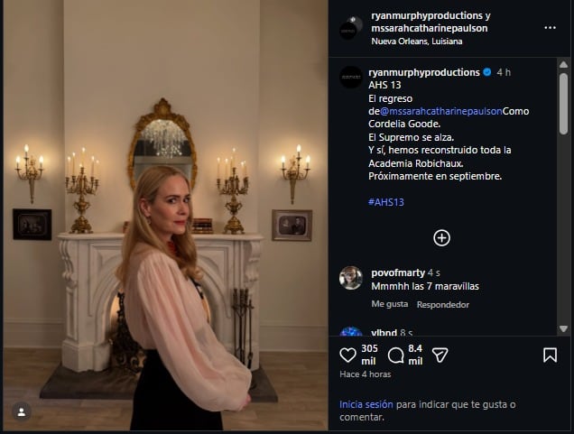 Sarah Paulson retomará su personaje de Cordelia Goode para la siguiente temporada de la serie. (Instagram)