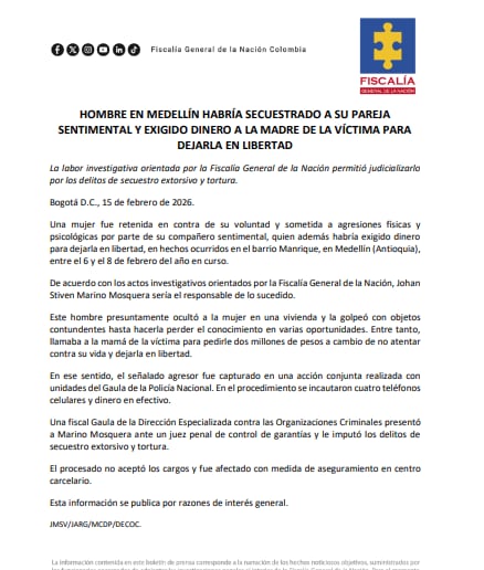 La captura del señalado agresor se produjo gracias a una acción conjunta entre la Fiscalía y unidades del Gaula de la Policía Nacional - crédito Fiscalía
