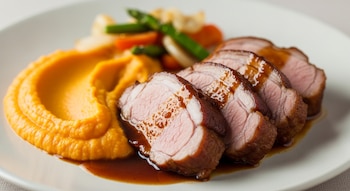 Primer plano de bondiola de cerdo en rebanadas con salsa oscura, puré de batatas de color naranja y vegetales salteados en un plato blanco.