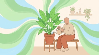 Ilustración de una persona sentada en un banco de madera que riega una planta en maceta rodeada de ondas verdes y azules.