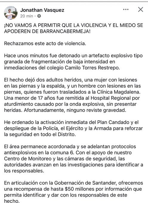 Jonathan Vasquez reporta mediante una publicación en redes sociales la detonación de una granada en Barrancabermeja que provocó heridas a tres personas. (Vía X)