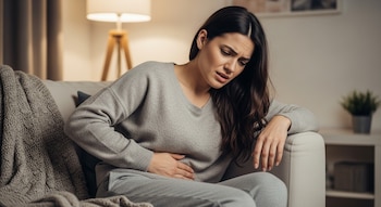 Mujer joven con cabello oscuro, suéter gris y pantalones a juego, sentada en un sofá claro, sostiene su abdomen con una mano y muestra malestar.