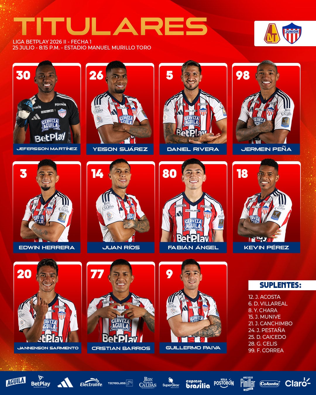 Formación del Junior contra el Deportes Tolima en el estadio Manuel Murillo Toro por la Liga BetPlay - crédito Junior FC