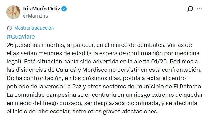 Los enfrentamientos armados entre disidencias de alias Calarcá e Iván Mordisco ponen en riesgo a la población de El Retorno, según la defensora del Pueblo, Iris Marín - crédito @MarnIris/X