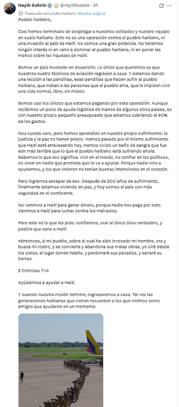 La publicación de Nayib Bukele sobre la misión de El Salvador en Haití con el avión de Colombia de fondo - crédito @nayibbukele/X