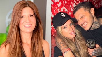 Díptico. Izquierda: Elba Marcovecchio sonríe con cabello largo castaño. Derecha: Mauro Icardi abraza a China Suárez, ella con gorra negra y chupetín.