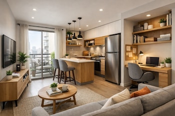 Un moderno apartamento con sala, cocina integrada y un área de estudio. Se ven un sofá, una mesa de centro, televisor, una barra de cocina, electrodomésticos y un escritorio con laptop.