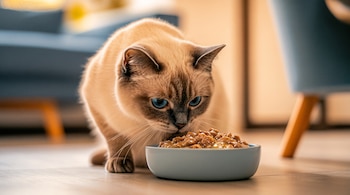 Un gato siamés de ojos azules come alimento húmedo en un plato azul sobre el suelo de una casa.