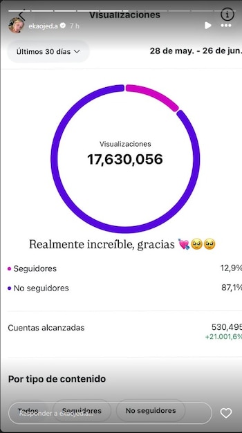 Captura de pantalla de estadísticas de Instagram que muestra un gráfico circular, 17.630.056 visualizaciones, porcentajes de seguidores y no seguidores, y cuentas alcanzadas