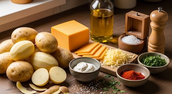Papas enteras, peladas y en rodajas, queso cheddar en bloque, rebanadas y rallado, un tazón de crema, botella de aceite, salero, molinillo de pimienta, cuencos de pimentón y perejil picado.