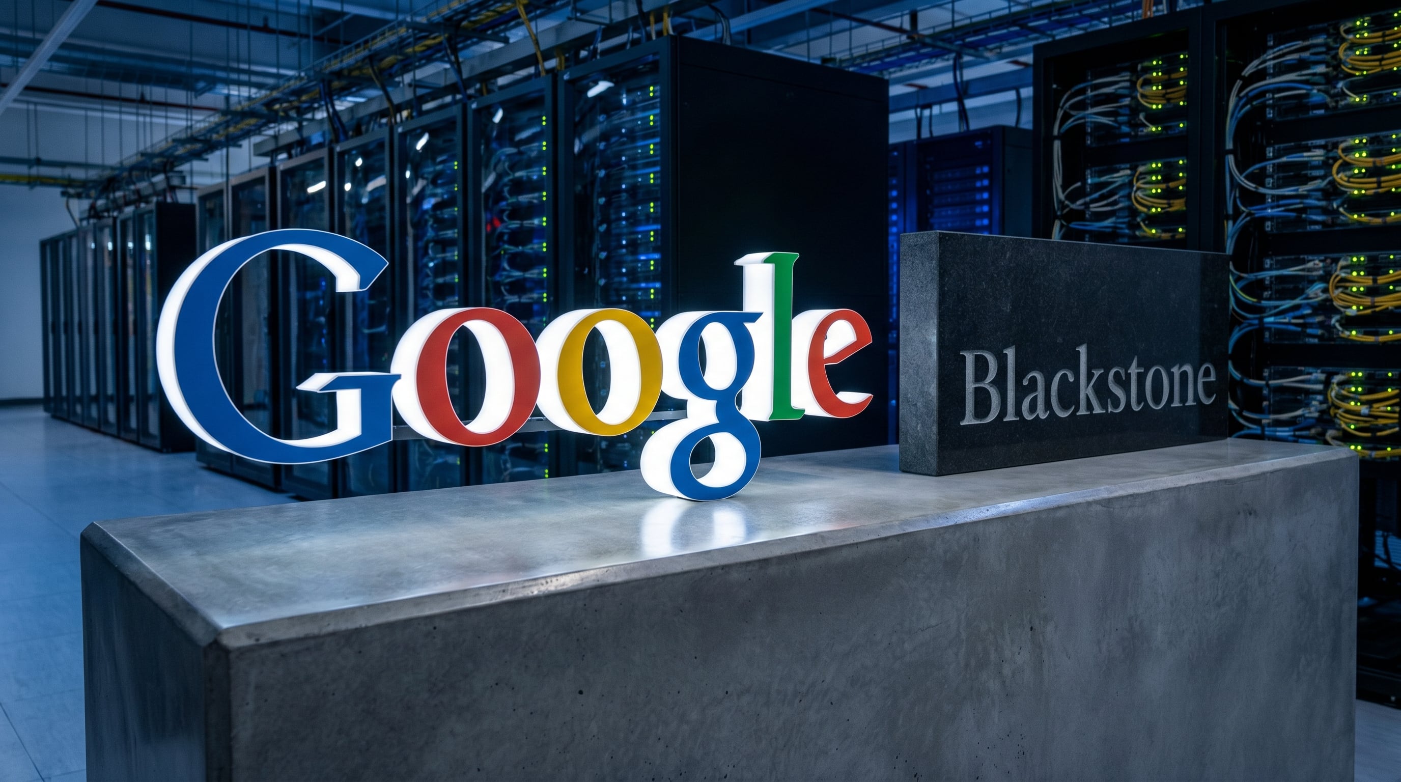 Los logotipos de Google y Blackstone se exhiben en primer plano sobre una superficie de hormigón, con un moderno centro de datos y sus servidores al fondo. (Imagen Ilustrativa Infobae)