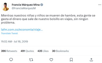 Pantallazo Twitter/@FranciaMarquezM