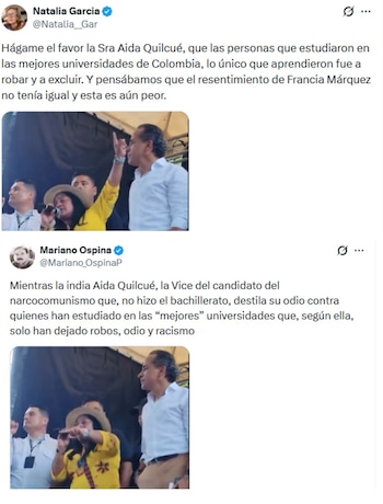 Usuarios en redes interpretaron las palabras de Aida Quilcué como una crítica directa a egresados de universidades prestigiosas - crédito @Natalia__Gar - @Mariano_OspinaP/X