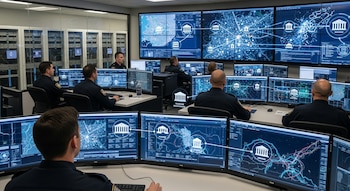 Varios oficiales en uniformes oscuros observan pantallas de ordenador con mapas y datos en un centro de control con estantes de servidores.
