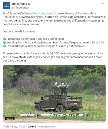 Proyecto de ley en Colombia introduce reformas: más derechos y oportunidades para soldados y marinos - crédito @mindefensa/X
