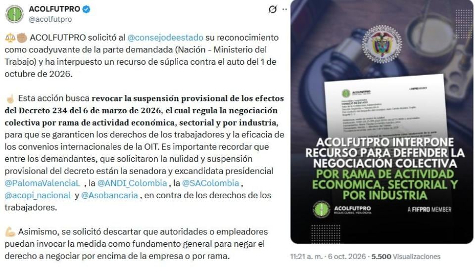 La agremiación de futbolistas interpuso un recurso de súplica ante el Consejo de Estado para revocar la suspensión provisional de la norma - crédito Acolfutpro/X