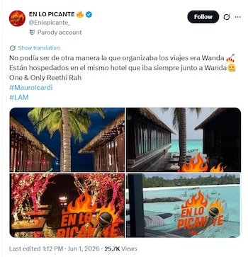 Collage de cuatro imágenes de un lujoso resort en Maldivas con bungalows sobre el agua, palmeras, mar turquesa y la marca 'EN LO PICANTE'