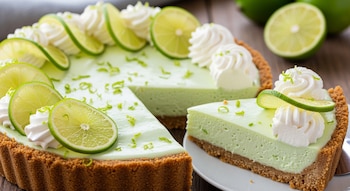 Una tarta de lima Key verde claro con base de galleta, decorada con rodajas de lima fresca y crema batida. Una porción está en un plato blanco.