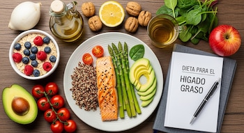Vista aérea de una mesa de madera con un plato de salmón, quinoa, espárragos y aguacate, junto a un cuaderno 'Dieta para el Hígado Graso', frutas, nueces y aceite de oliva.