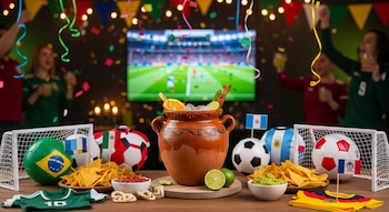 Uma jarra de barro com sorvete, frutas e pimenta, sobre uma mesa com bolas de futebol, nachos, guacamole e salsa, e um jogo na TV ao fundo.