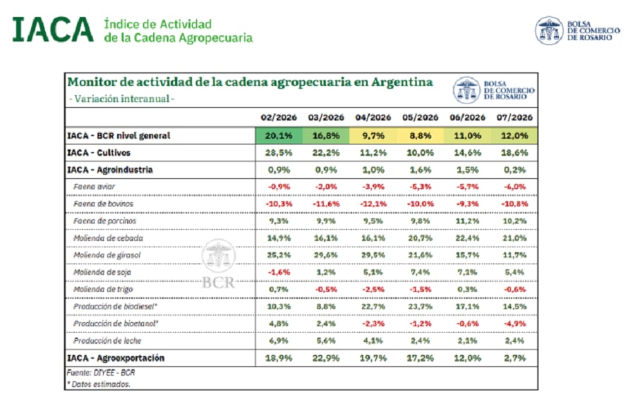 Durante julio, cinco de las doce series que integran el Índice de Actividad de la Cadena Agropecuaria presentaron variaciones mensuales positivas, lideradas por la molienda de soja, que creció 1,1% (BCR)