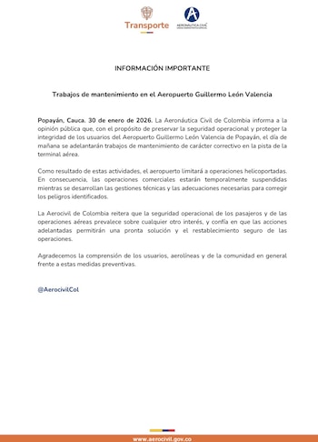 Aeronáutica Civil informó que se