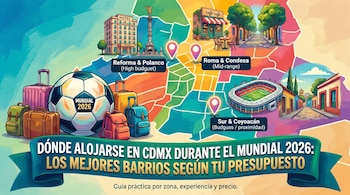 Ilustración de un mapa de CDMX con distinciones de barrios y puntos de interés para el Mundial 2026, junto a un balón de fútbol y maletas.