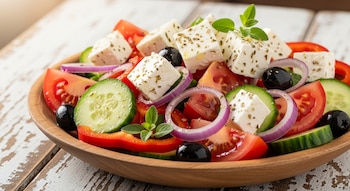 Primer plano de una ensalada griega en un cuenco de madera, con tomates, pepinos, pimientos rojos, aros de cebolla morada, aceitunas y cubos de queso feta.