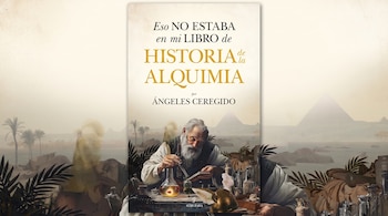Portada de un libro con la ilustración de un alquimista manipulando frascos de laboratorio frente a un paisaje con pirámides.