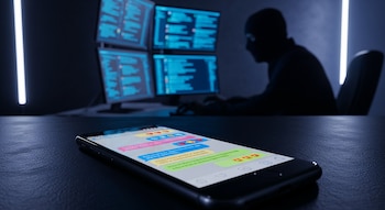 Teléfono inteligente sobre una mesa con chat de apariencia romántica, y en el fondo, silueta de persona con cuatro monitores que muestran código y conversaciones.