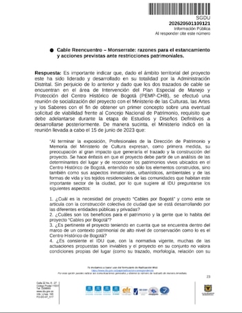 El Ministerio de Culturas considera inviable el trazado norte del Cable Reencuentro–Monserrate por impacto patrimonial - crédito IDU