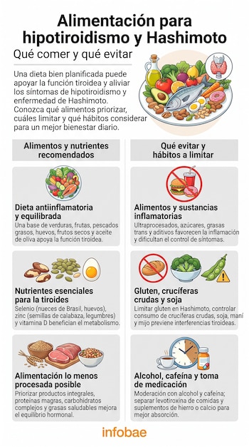 Infografía con el título "Alimentación para hipotiroidismo y Hashimoto", que muestra ilustraciones de alimentos, bebidas, una glándula tiroides y medicamentos.