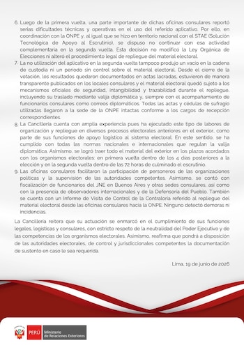 Documento del Ministerio de Relaciones Exteriores de Perú con el logo del gobierno, texto sobre el proceso electoral y la fecha Lima, 19 de junio de 2026