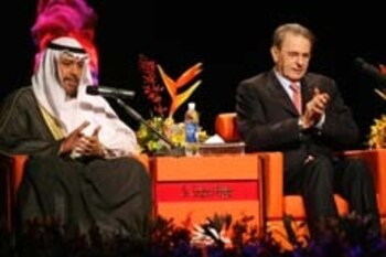 President of the Olympic Council of Asia (OCA), Sheikh Ahmad al-Fahad al-Sabah (L), and Olympic Committee President Jacques Rogge attend the OCA's First Sport Congress in Kuwait City on March 12, 2009. The three-day event is expected to host 700 participants from all over the sport world. AFP PHOTO/YASSER AL-ZAYYAT (Photo credit should read YASSER AL-ZAYYAT/AFP/Getty Images)