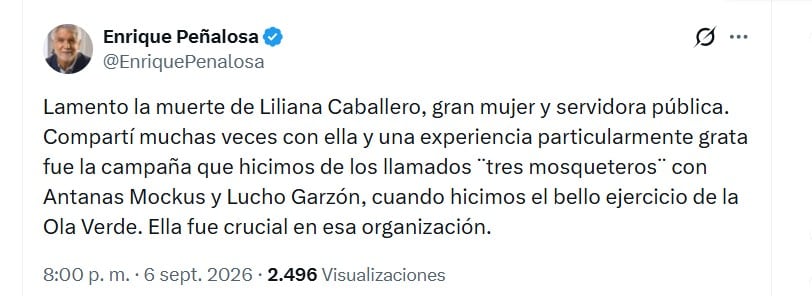 El exalcalde de Bogotá Enrique Peñalosa resaltó la capacidad organizativa de Liliana Caballero - crédito @EnriquePenalosa/X