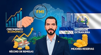 Ilustración de Nayib Bukele con elementos que representan el crecimiento económico, récord de remesas, inversión extranjera y mejores reservas de El Salvador, y una lupa del FMI.