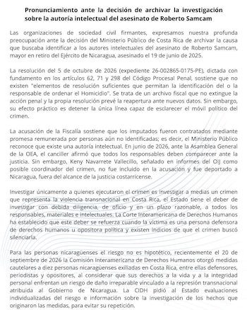 Organizaciones civiles cuestionaron la resolución fiscal en Costa Rica y exigieron cooperación internacional para identificar a quienes habrían ordenado el homicidio del militar nicaragüense retirado.