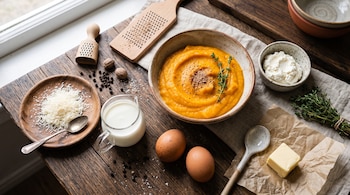 Vista superior de un tazón con puré de calabaza, queso rallado, crema, mantequilla, dos huevos y especias dispuestos sobre una mesa de madera.