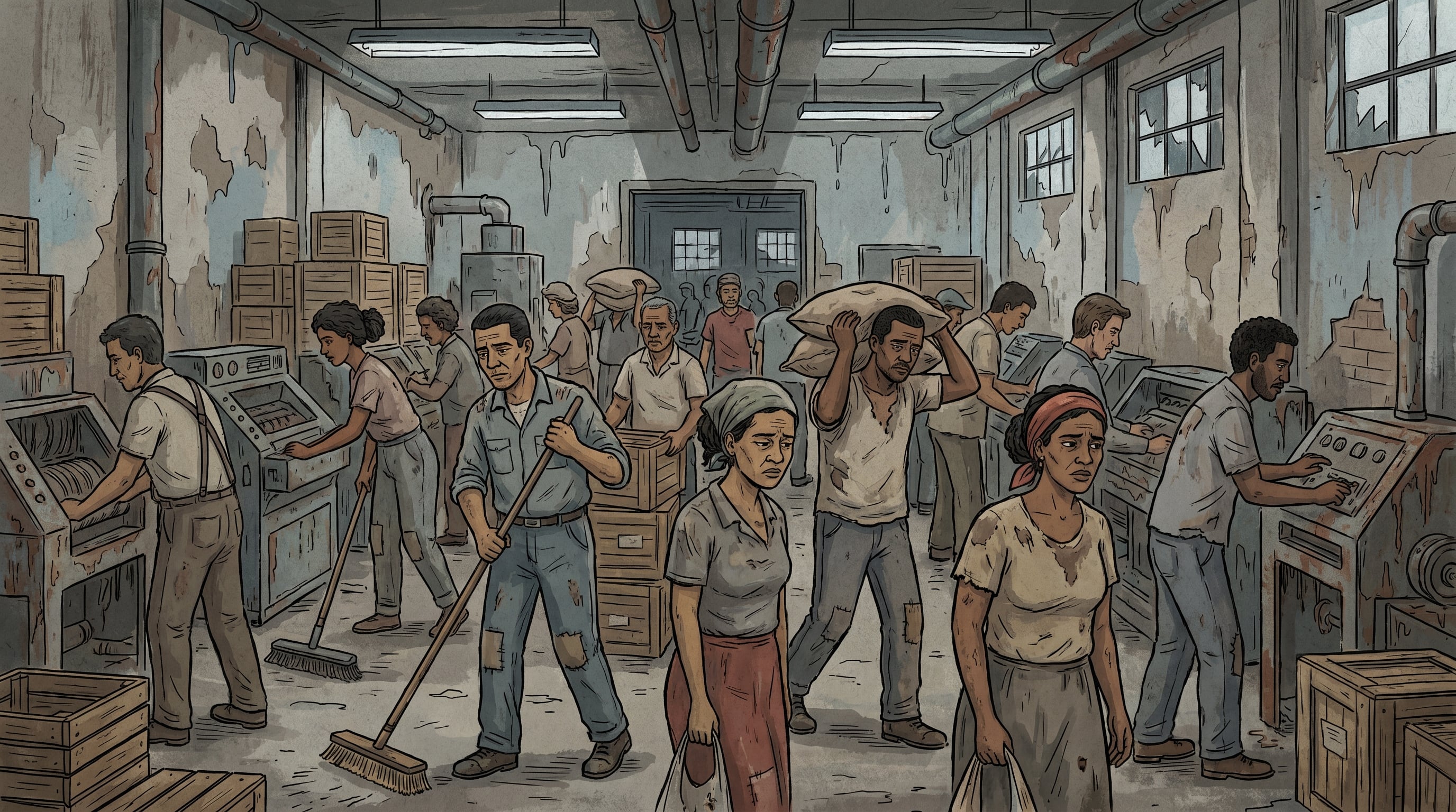 Una ilustración muestra a trabajadores cubanos de distintas edades, visiblemente cansados y preocupados, realizando labores en una fábrica antigua y en malas condiciones (Imagen Ilustrativa Infobae)