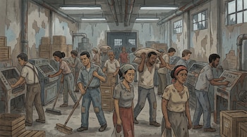 Ilustración de obreros cubanos visiblemente agotados trabajando en una fábrica en ruinas. Algunos barren, otros cargan sacos o manipulan maquinaria antigua.