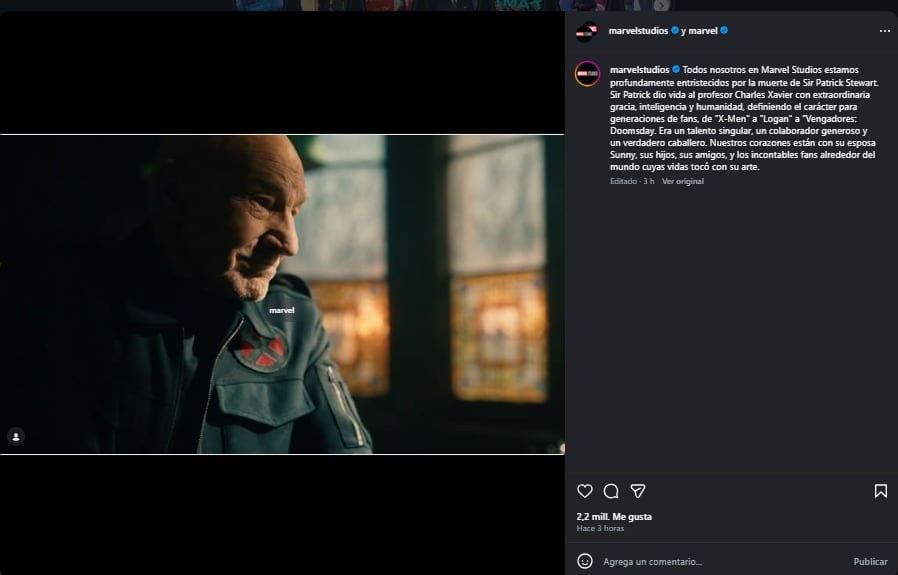 Marvel Studios lamentó la muerte de Patrick Stewart.