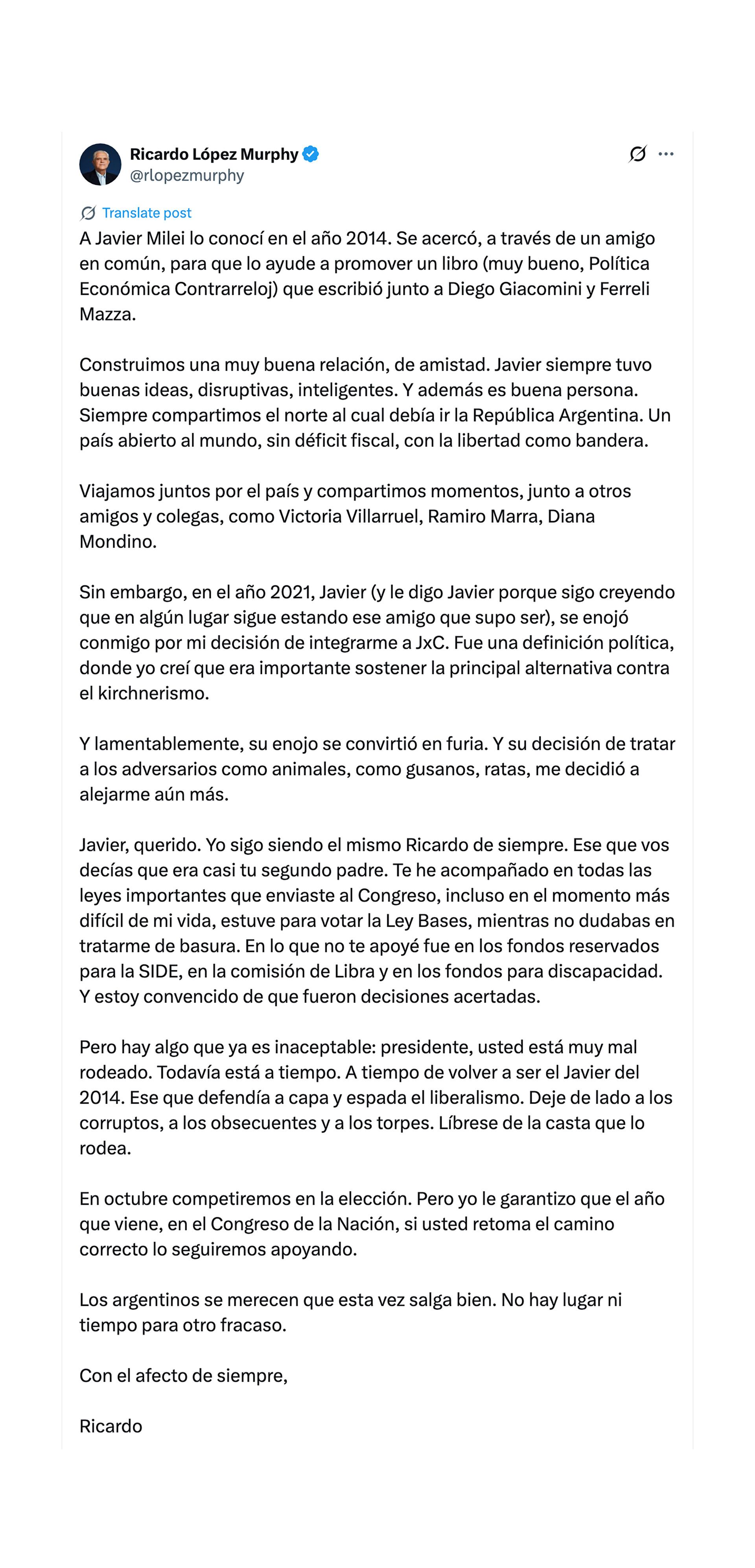 La carta completa que Ricardo López Murphy le dedicó al presidente Javier Milei.