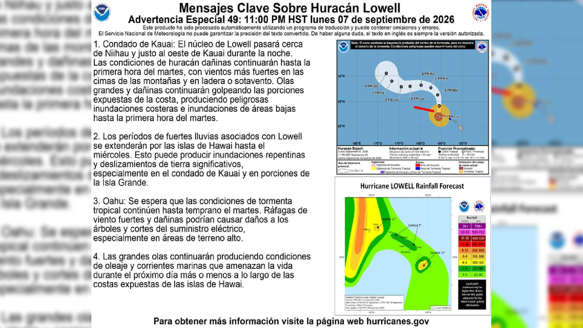 Un informe del Centro Nacional de Huracanes detalla las alertas por inundaciones y vientos fuertes ante el paso del huracán Lowell en Hawái (NOAA)
