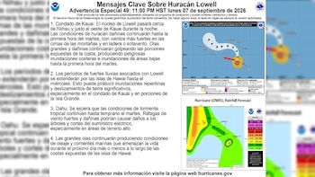Documento con texto informativo sobre el huracán Lowell y dos mapas meteorológicos que muestran trayectorias y pronósticos de lluvia