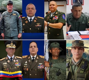 Ocho hombres de uniforme militar, algunos con gorras, medallas y emblemas, en retratos individuales con fondos variados