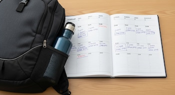 Una mochila deportiva de color gris oscuro, una botella de agua azul de metal y una agenda abierta con horarios escritos a mano sobre una mesa de madera clara.