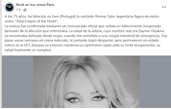 Primer plano en blanco y negro de los ojos y la frente de la cantante Bonnie Tyler. Parte de un post de red social