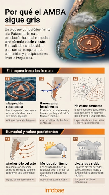 Infografía con un mapa de Argentina sobre el océano Atlántico y seis recuadros explicativos sobre el clima.